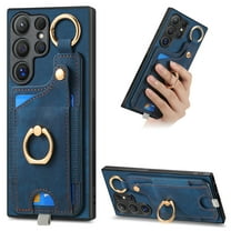 ELEHOLD Back Wallet Case for Samsung Galaxy S24 Ultra Premium PU Leather Credit Card Slots Strong Magnetic Compatible with Magnetic Car Mount Holder Finger Ring Holder Stand Drop Protection Case,blue