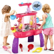 Water Table for Toddlers 1-3 3-5, 3-Tier Kids Splash Sand Table Water Toys, Rain Showers Splash Pond for Outdoor Beach Backyard Summer, Activity Sensory Play Table for Girls, Pink