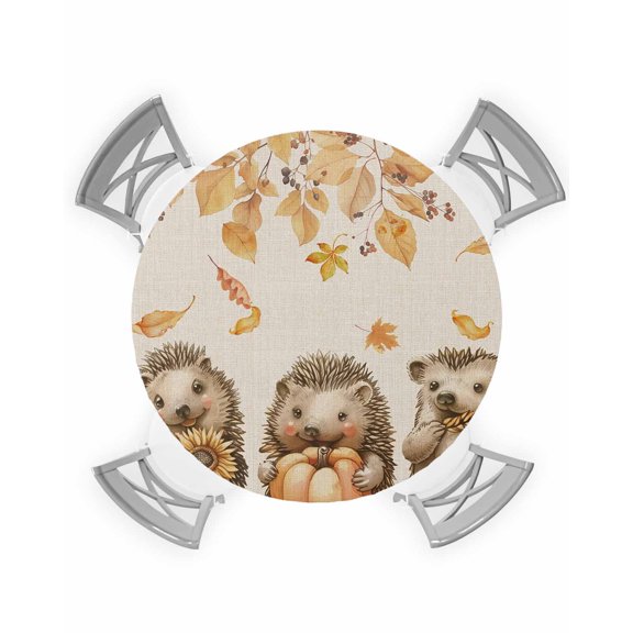 nqOlkjepod Fall Hedgehog Round Tablecloth, Fitted Table Cover with Elastic for 55"-60" Round Tables, Pumpkins Maple Leaf Rustic Table Cloth Outdoor Indoor Dinning Party Waterproof Tablecloths