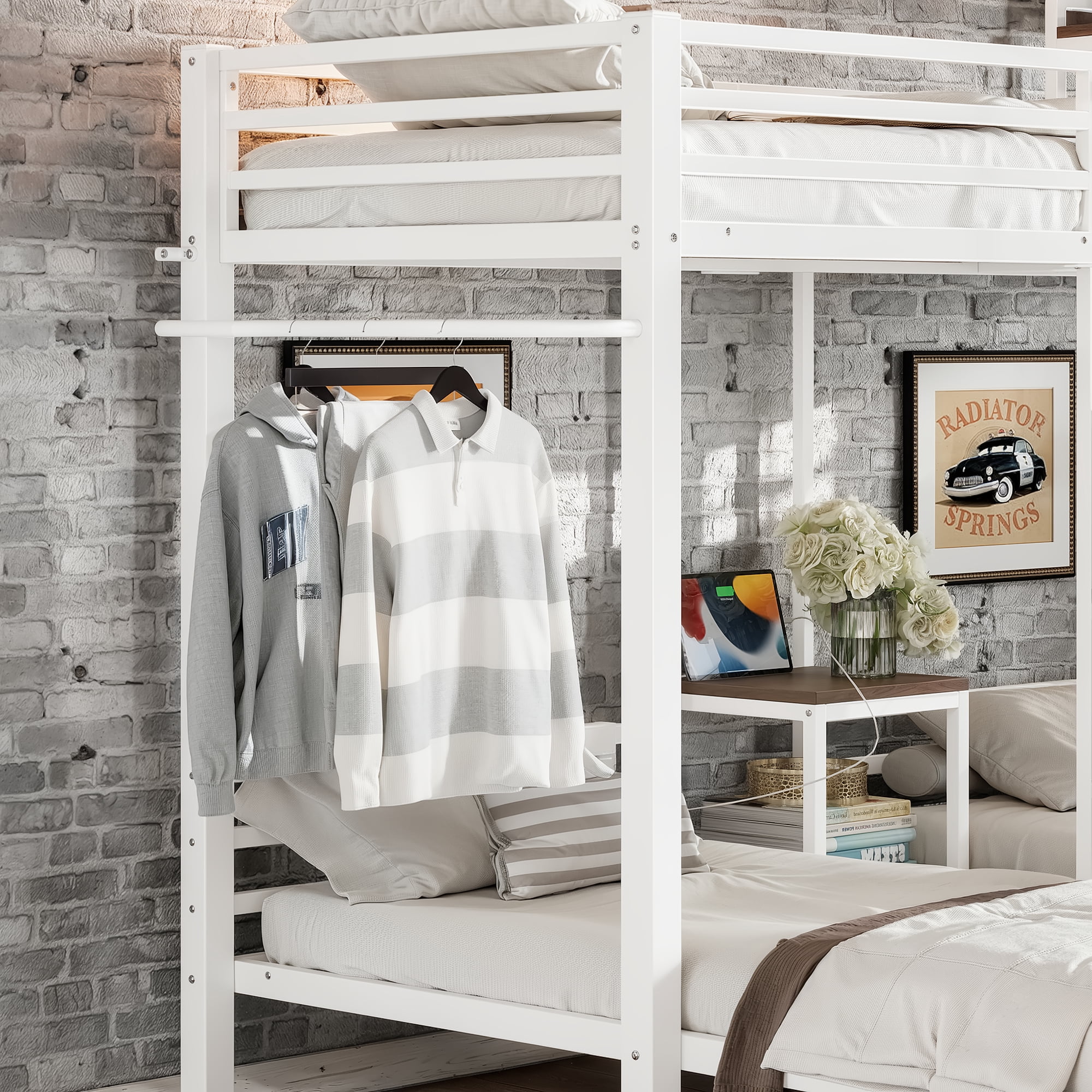 HOQBN Triple Bunk Bed Twin over Twin,Heavy Duty Metal Bed Frame with Storage Stair Drawers,No Box Spring Needed,White