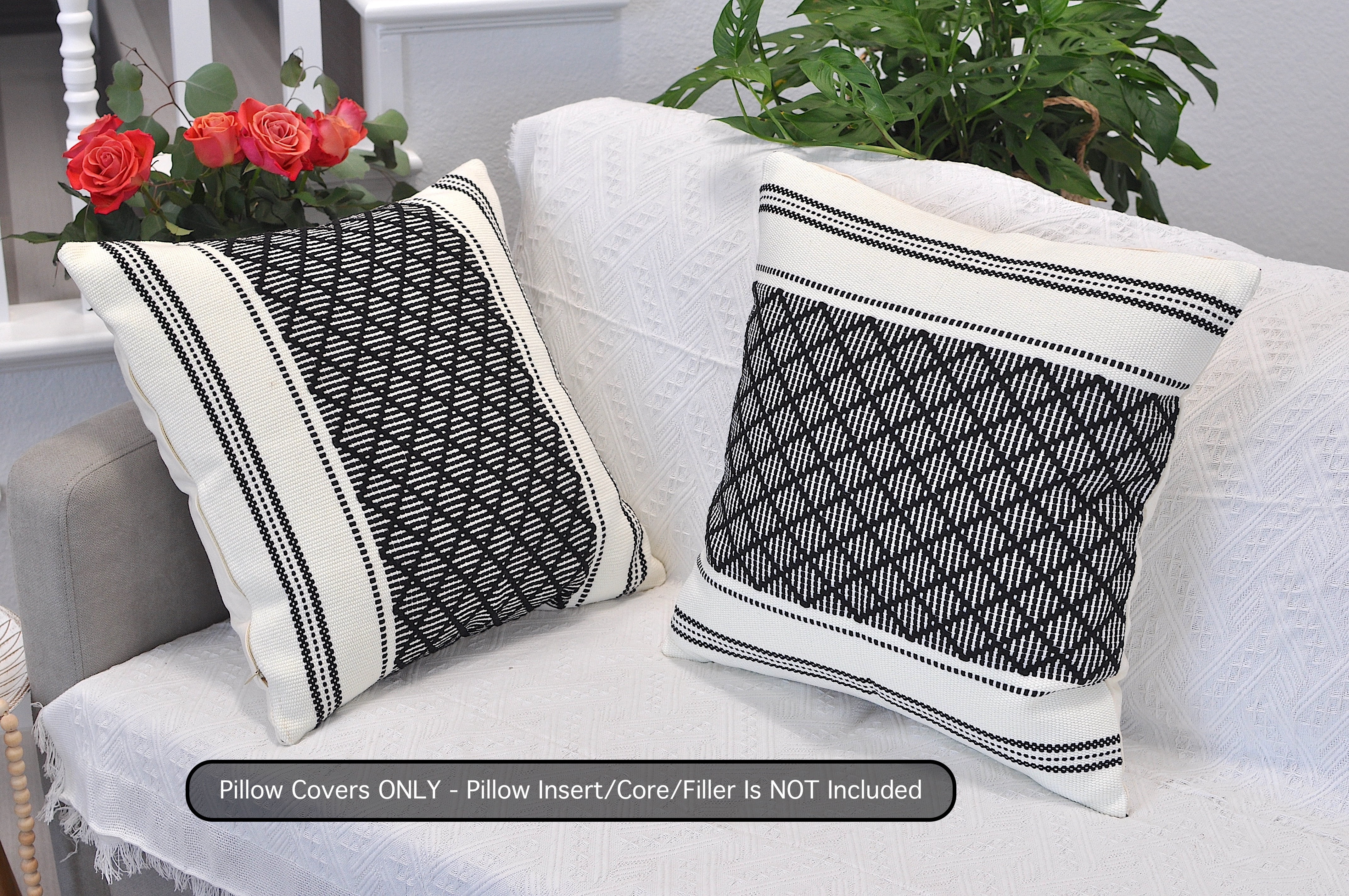 Cotton Woven Designer Throw Pillow Covers, Black and White, 18 x 18 inches | Square Cushion Covers with Geometric Design Set of 2