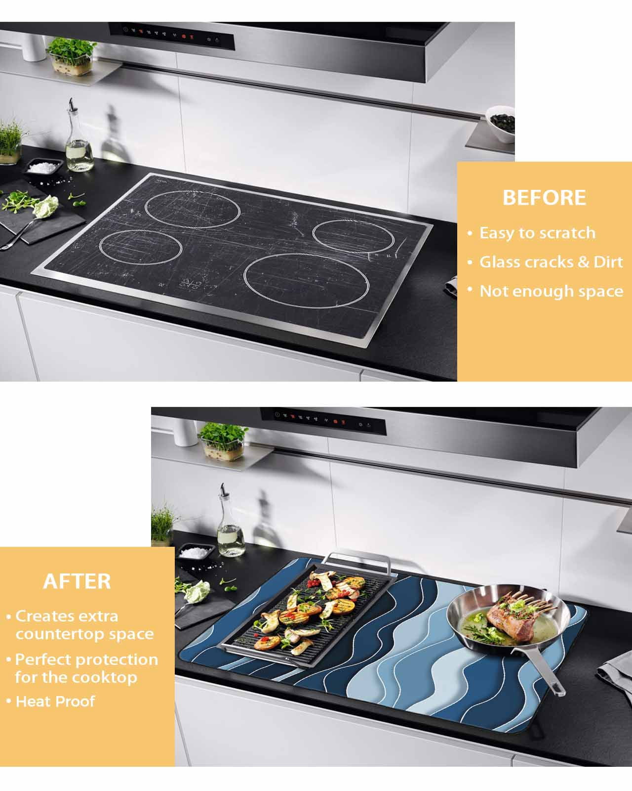 nqOlkjepod Large Induction Cooktop Protector Mat 36"x21", Abstract Blue Moire Stove Top Covers for Electric Stove, Gradient Coastal Ocean Geometric Waves Stove Burner Cover Mats Stove Cover