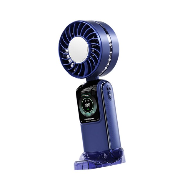 Ventilador de mano personal plegable con carga USB y pantalla digital de bajo ruido. azul