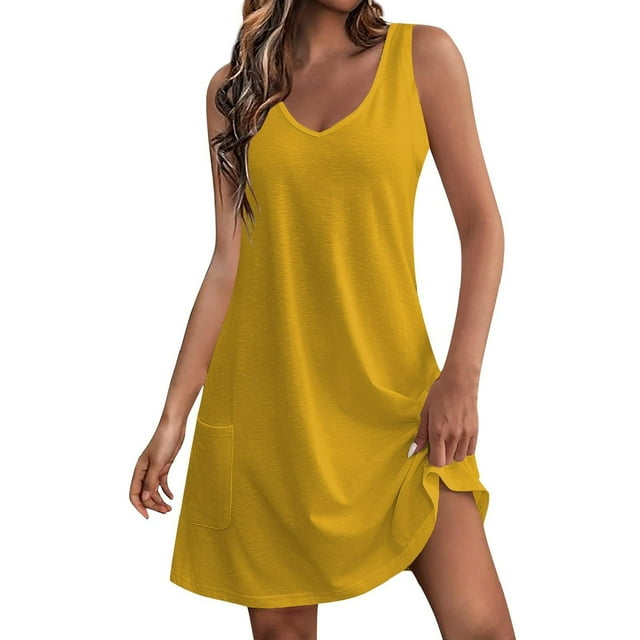 Staron Robes d'Été Jaunes pour Femmes, Col en V Ample, Robes Décontractées d'Été, Robes de Plage, Robe Sans Manches Fluide