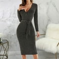 thumbnail image 5 of YWDJ Wedding Guest Dresses for Women Formal with Sleeves Women Fashion Lace-up V-neck Long Sleeve Mid-Calf Long Dress Silver XL, 5 of 8