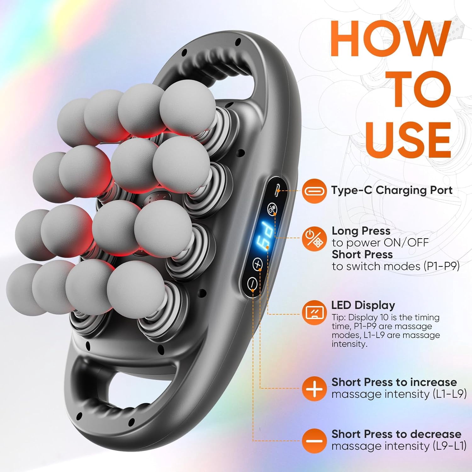 16 Head Massage Gun Deep Tissue, Quiet Back Massager for Pain Relief with 9 Modes and 9 Intensities