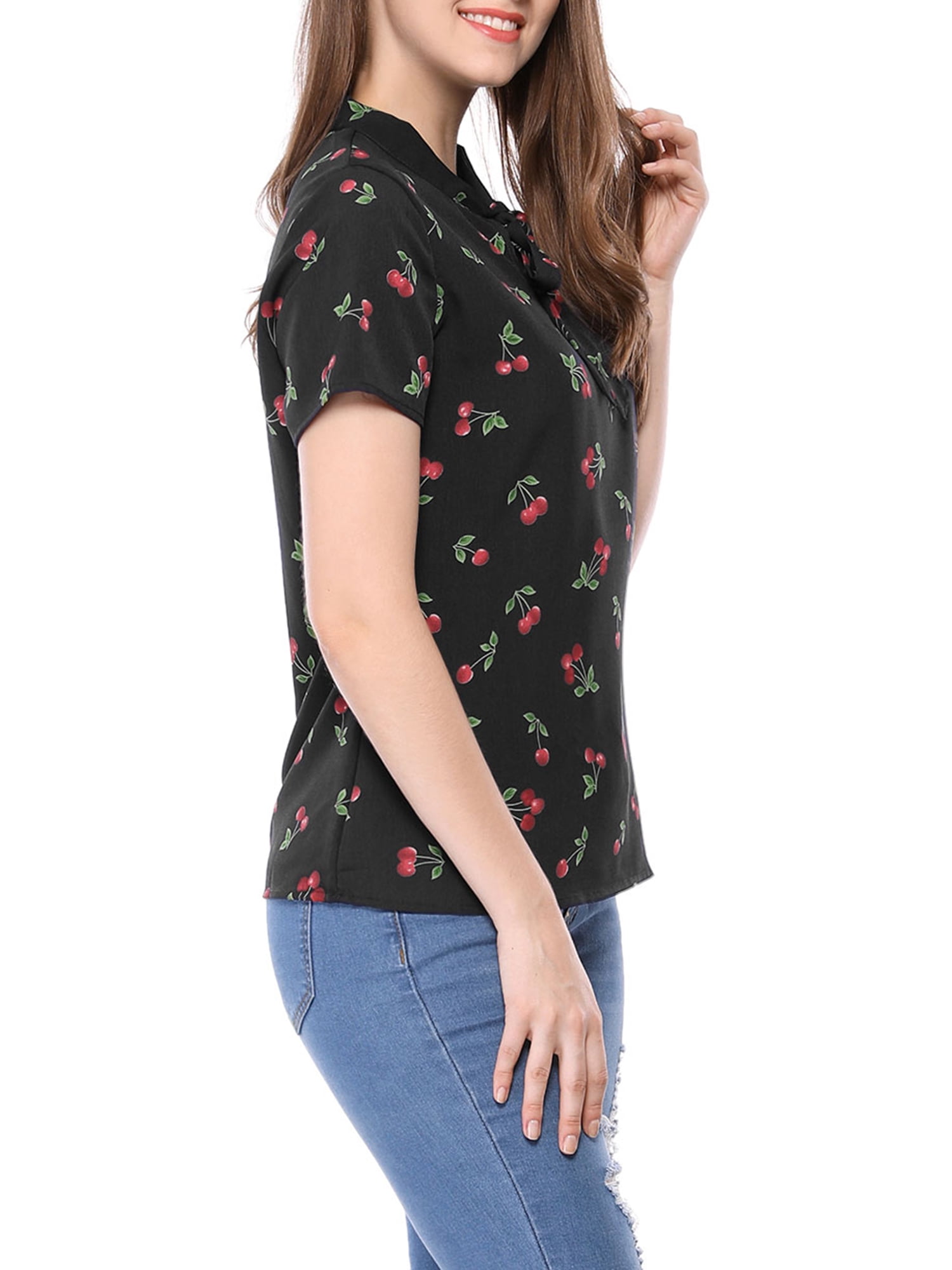 Unique Bargains Women's Cherry Printed Tie Bow Neck Short Sleeve Blouse Top Black-Cherry S