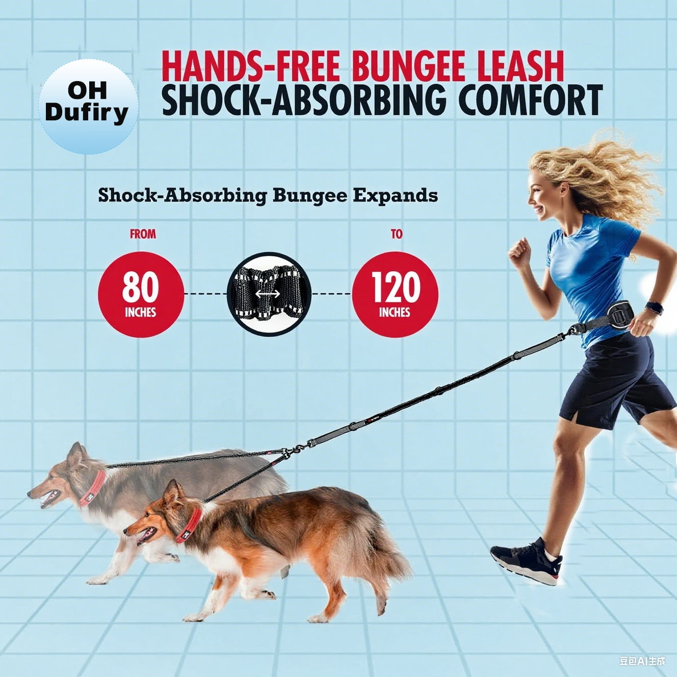 OHDufiry Pets Hands Free Double Dog Leash – Dual Leash for Medium and Large Breeds – Lead for 2 Dogs with Padded Handles, Reflective Stitches, No Pull, Tangle Free