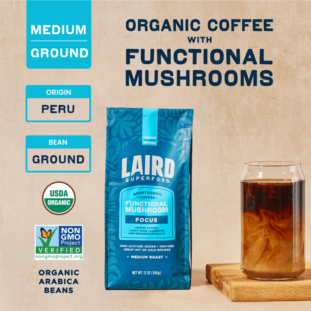 Laird Superfood FOCUS Organic Functional Mushroom Coffee, Medium Roast Ground, High-Altitude Peruvian, USDA Organic, Non-GMO, 12oz
