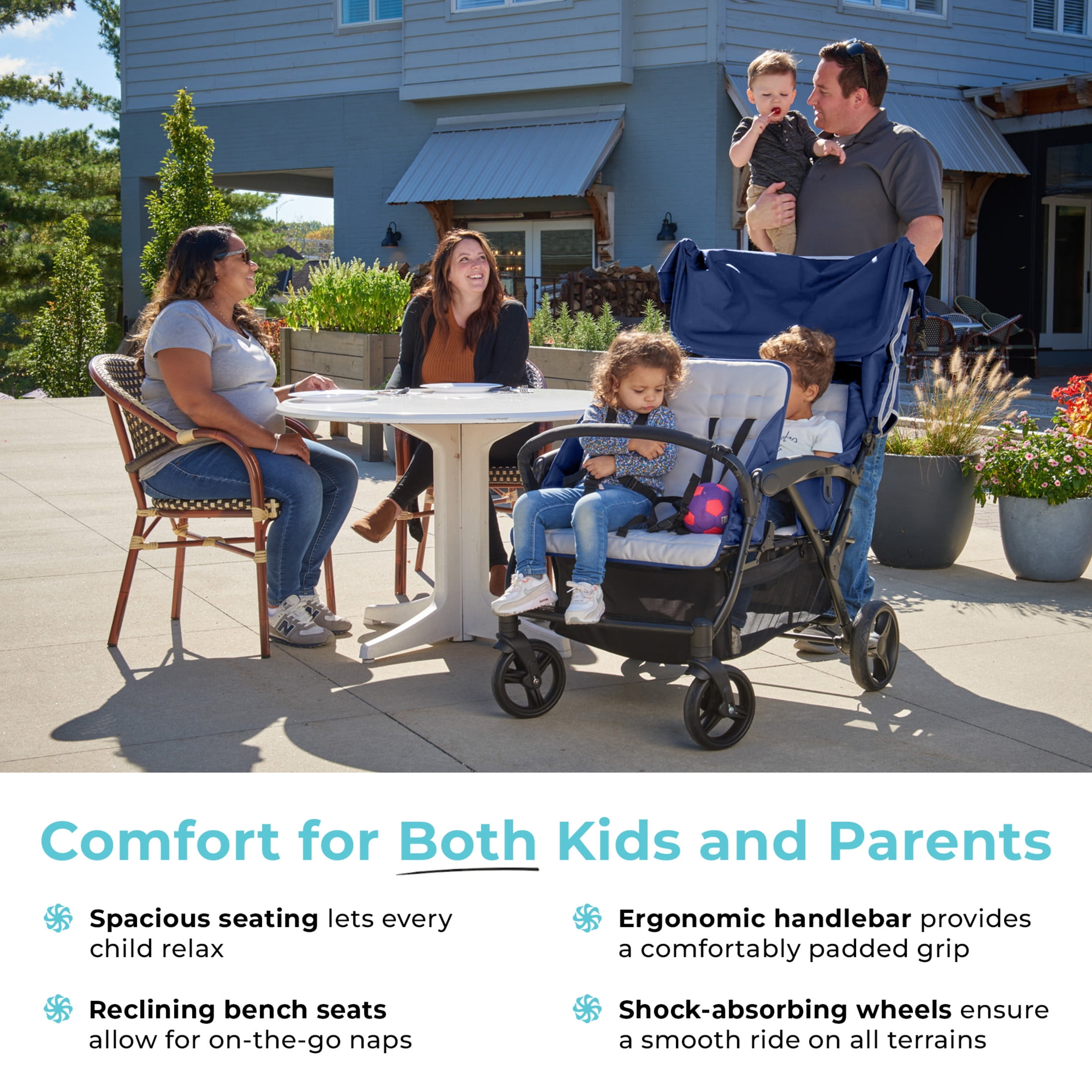 Foundations Gaggle Odyssey 4-Seat Quad Stroller, Reclining Bench Seats with Canopy, Navy/Gray