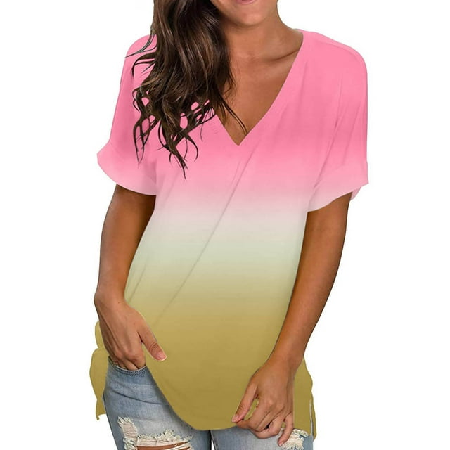 B91xZ T-Shirts d'Été à Manches Courtes pour Femmes Tunique Décontractée Basique T-Shirts Tees, Rose S