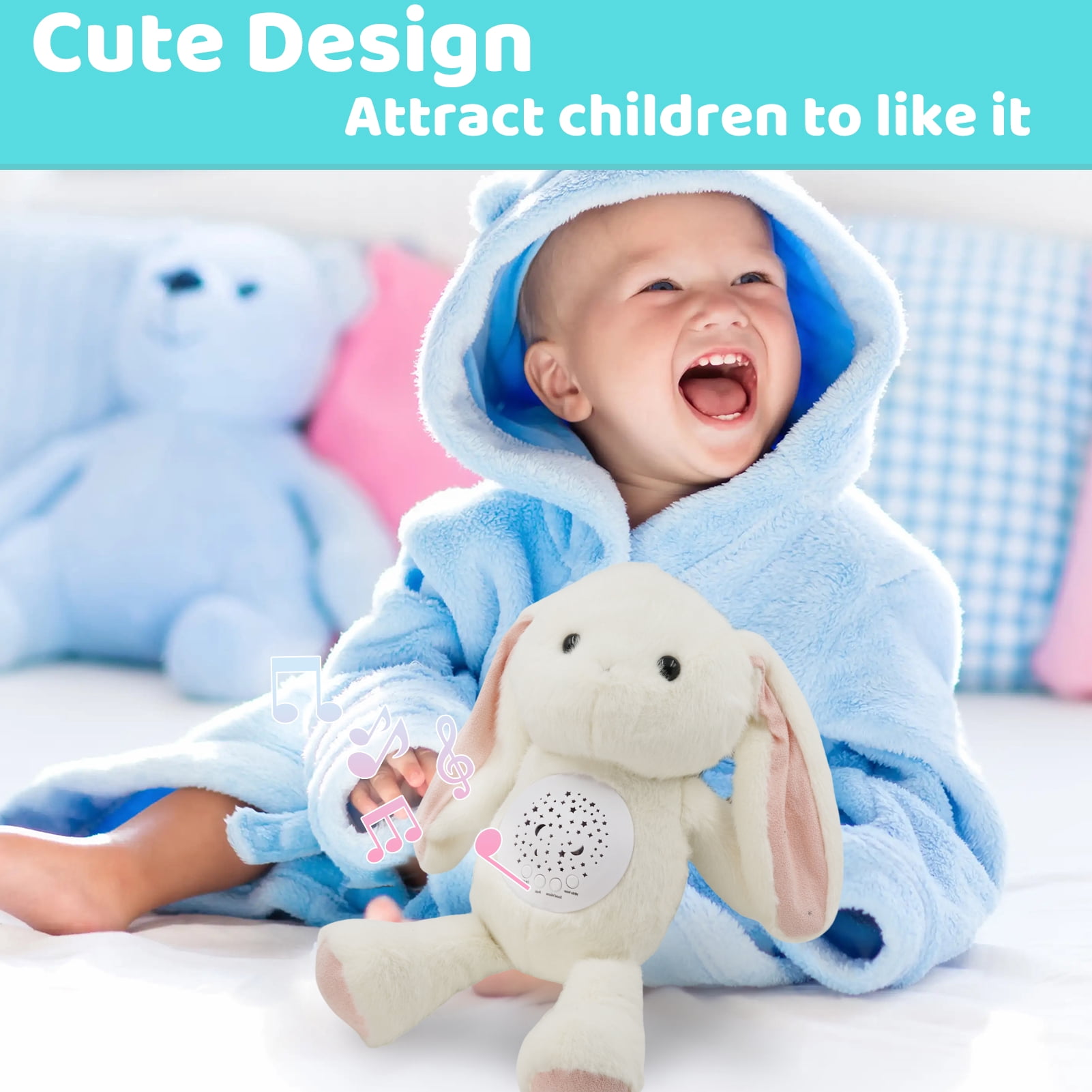 LINXUXIE Musical Rabbit Plush Toy with Soothing Light & Sound, Soft Stuffed Animal for Newborn to Toddler 0-36 Months