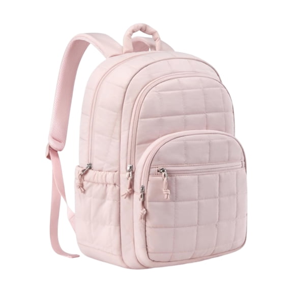 17.32in College Laptop Backpack, Travel Backpack for Women, Quilted Casual Daypack, Water-Resistant Bookbag for 15.6 Inch Laptop, Pink