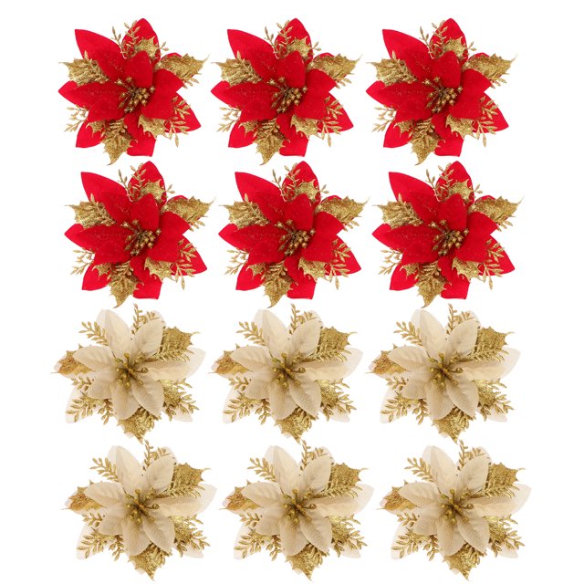 24pcs Xmas Fake Flower Simulation Flower Decor Xmas Tree Decor (Red, Golden)