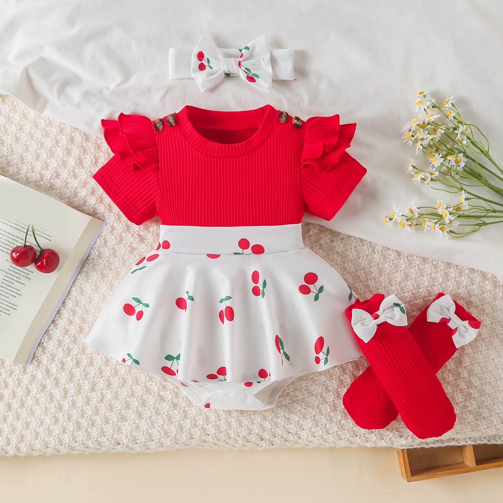 Faraee Baby Girl Summer Clothes Ruffle Romper Short Sleeve Bodysuit Bow Hairband Socks Newborn Infant Cute Outfits (6-9M,Red)