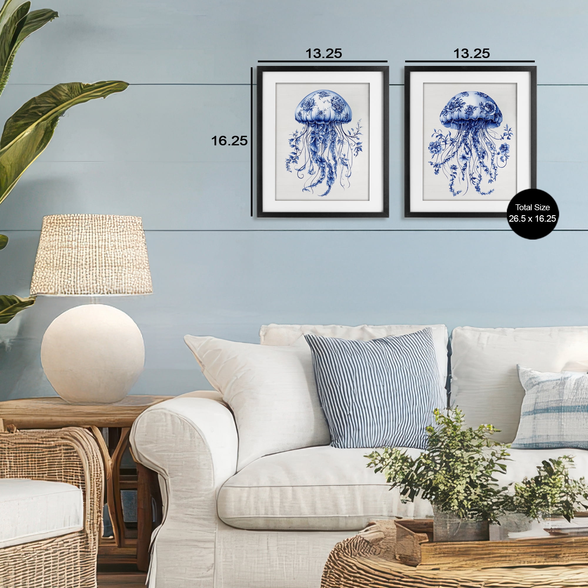 Funky Florals Toile Jellyfish 2 Piece Black Framed Print Under Glass Set, design by Lettered and Lined