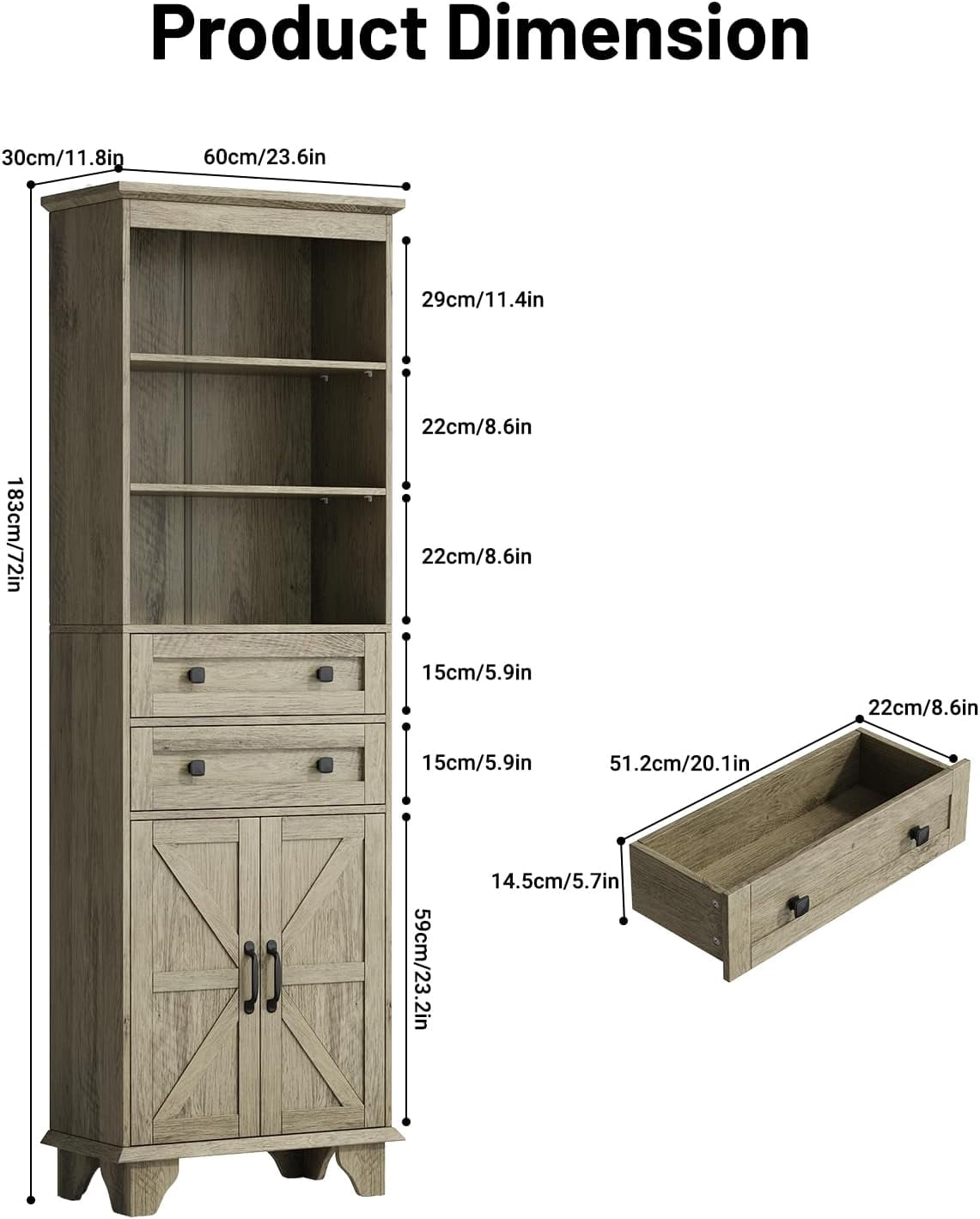NEGYLIM 72" Tall Bathroom Storage Cabinet, Freestanding Cabinet with Adjustable Shelves, Large Bathroom Pantry Cabinet with 2 Drawers for Living Room, Kitchen, Dining Room, Office, Grey