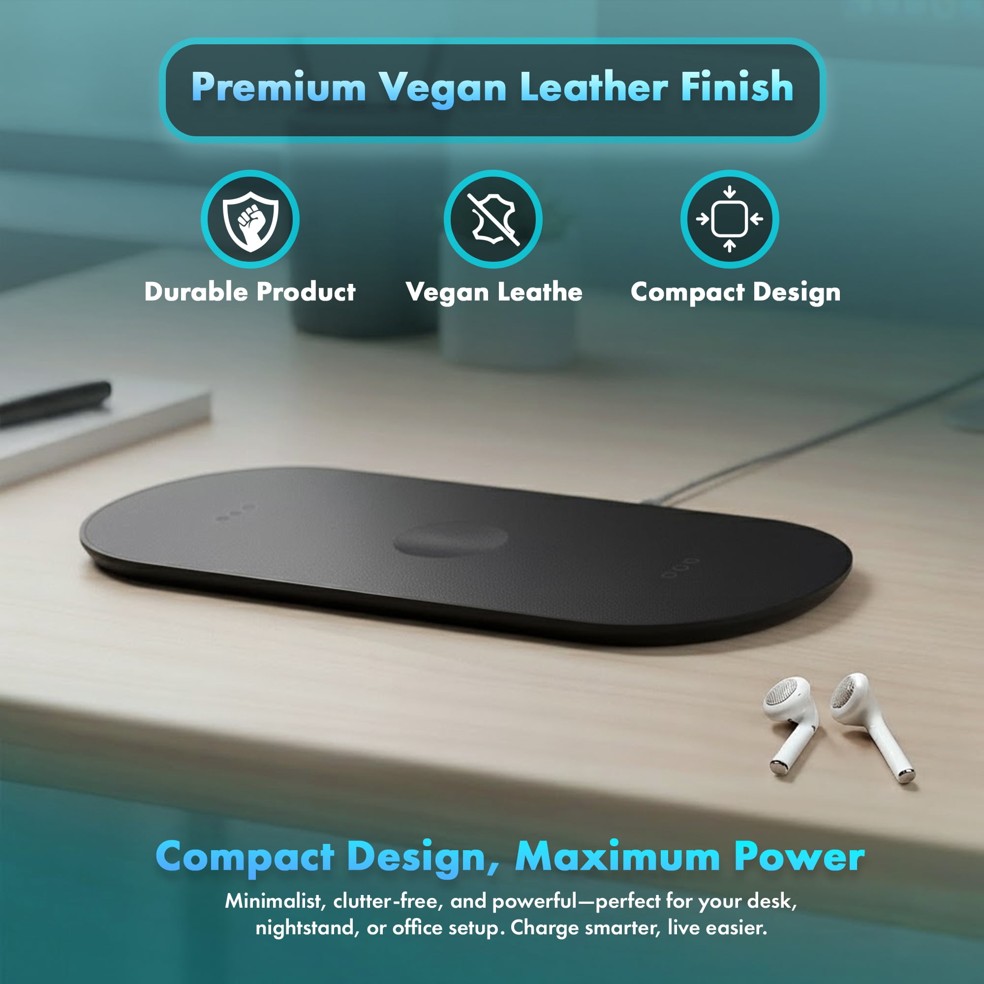 MVMT 15W Wireless Charging Pad Premium Vegan Leather 3-in-1 Fast Charger for Phone, AirPods & Apple Watch