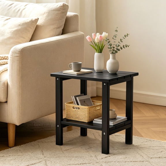 OTSUN 16.5" 2-Tier Outdoor Side Table, HDPE Patio End Table with Storage Shelf, Compact Square Nightstand for Patio, Balcony, Living Room, Bedroom & Small Spaces