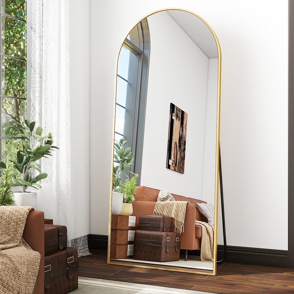 Anyrose 56.4"x21" Arched Modern Full Length Mirror Free standing Floor Mirror with Aluminum Frame, Gold