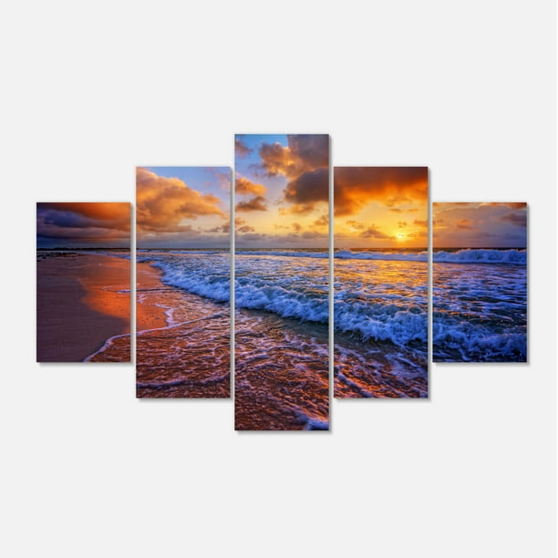 Design Art Beautiful Waves Under Cloudy Sky On Canvas 5 Pieces Print