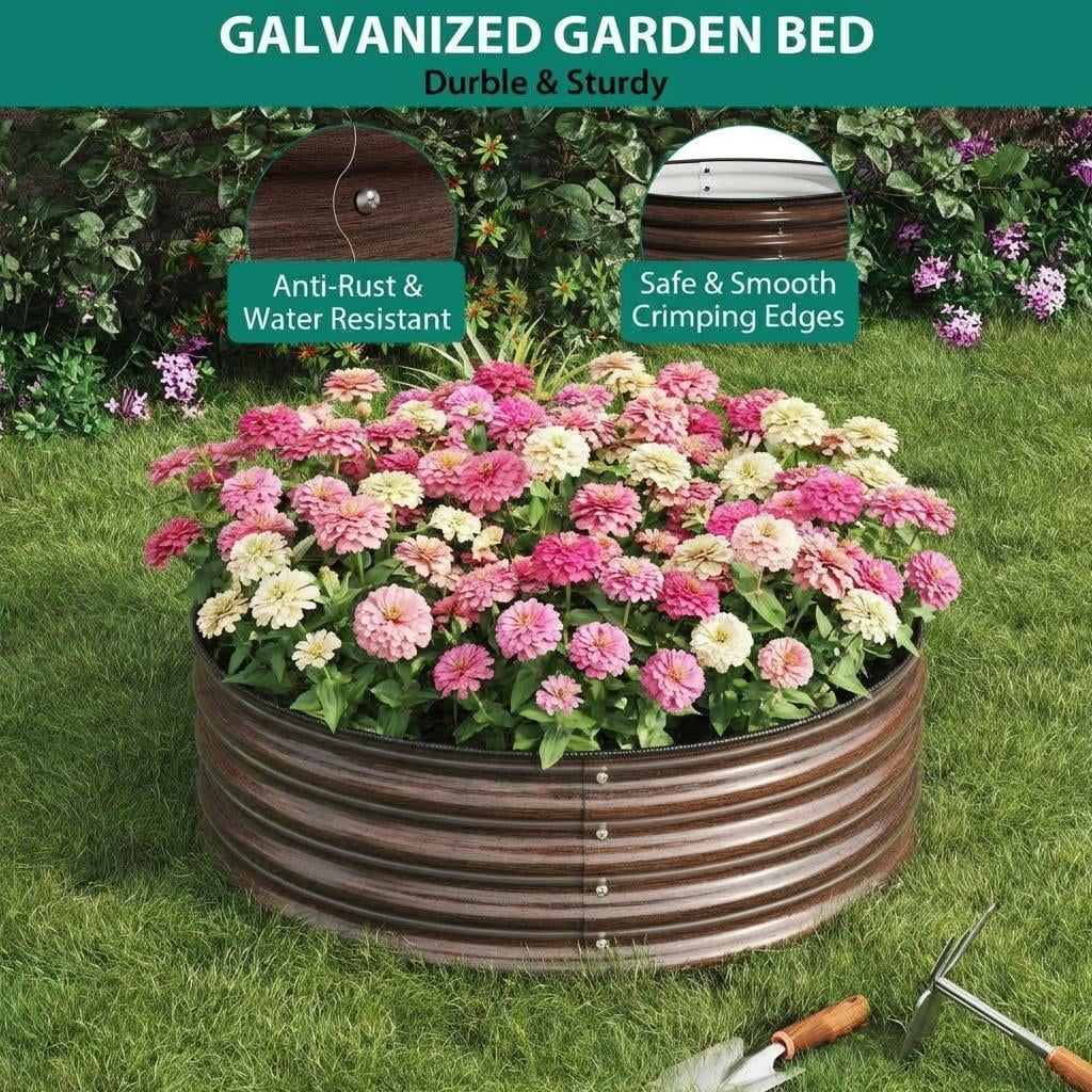 MAROUTE Rustproof Round Metal Raised Garden Bed – Open Bottom, Safety Edge, Easy Assembly, Wood Grain, 2x1FT, 1 Pack