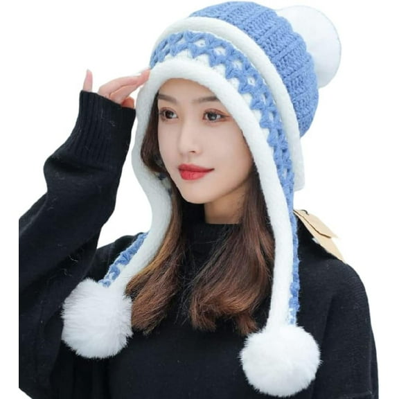 YooGuoGuo Women Winter Beanie Hat Earflap Peruvian Warm Slouchy Fleece Lined 3 Pom Poms Knit Sherpa Fluffy Soft Ski Hats