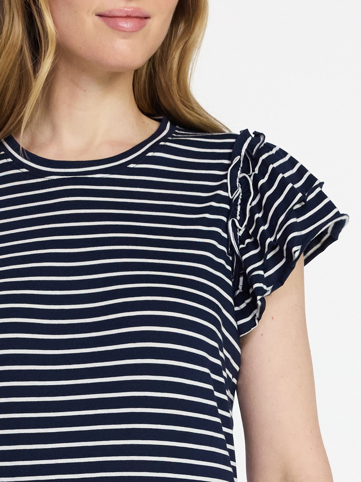 Time and Tru Women's Cotton Crewneck Tee with Ruffle Flutter Sleeves, Sizes XS-XXXL