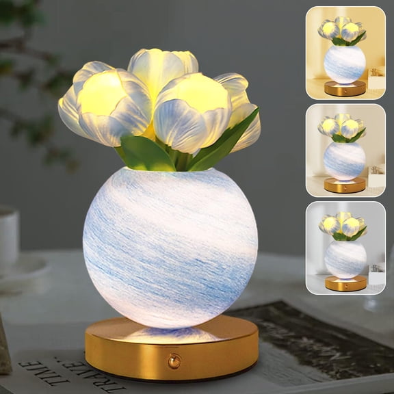 Rechargeable Cordless Tulip Flower Desk Lamp with Touch Dimming, Artificial LED Flower Bedside Night Light, Romantic Gift for Girl, Women, and Mom(Blue Tulip)
