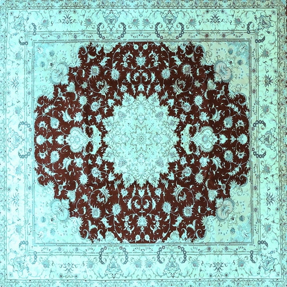Ahgly Company Indoor Square Medallion Light Blue Traditional Area Rugs, 7' Square