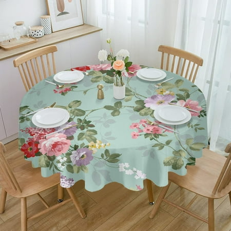 

Pink Flowers Leaves Plant Round Waterproof Tablecloth Picnic Decorative Table Cover Home Party Wedding Dining Room Table Cloth