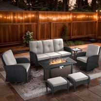 Unnifurnzi 7 Pieces Patio Furniture with Fire Pit-6'' Thick Cushions Outdoor Furniture with Swivel Rocker Chairs Couch and Ottoman Wicker Patio Furniture for Deck Porch Garden Poolside-Gray/Gray