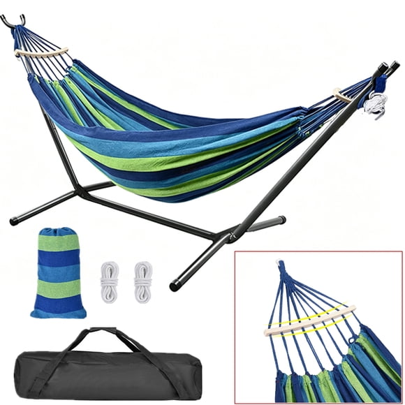 2 Person Hammock with 9FT Heavy Duty Steel Stand and Hardwood Spreader Bar, 450lbs Capacity, Included Carrying Case for Indoor Outdoor