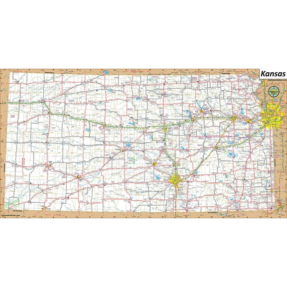 Wall Art Impressions 46x24in Large Detailed Map of Kansas With Cities and Towns [Photo Paper]