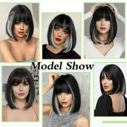 Creamily 12 Short Wig for Women Short Bob Wigs with Bangs Synthetic Glueless Straight Black Bob Wigs with Grey Highlight