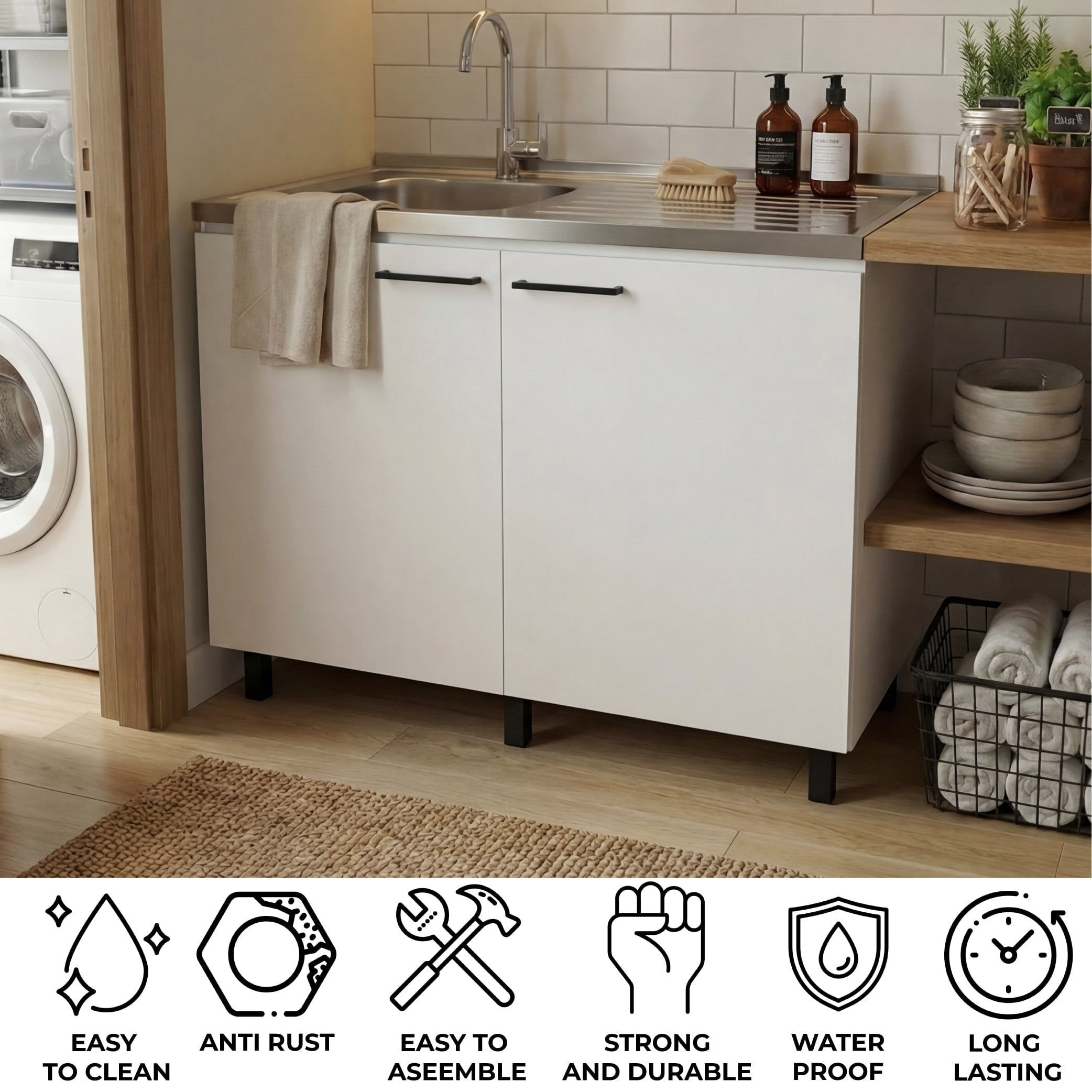 Tuhome Napoles Utility Sink with Cabinet, Stainless Steel Countertop, Interior Storage