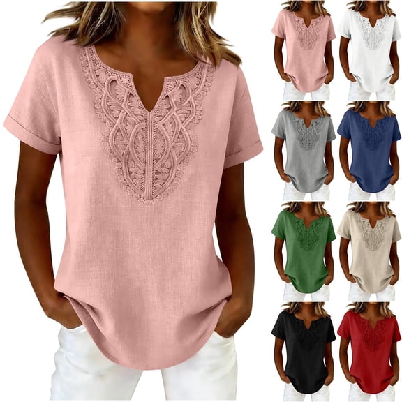 XUNKUSGA Womens Blouses Classic Vintage Embroidered Floral Womens Tops Casual Notch V Neck Short Sleeve Loose Fit Cotton Linen Boho Tops for Women S-2XL Beige
