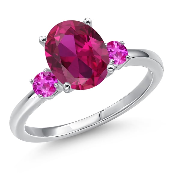 Gem Stone King 14K White Gold Red Created Ruby and Pink Sapphire Engagement Ring for Women | 3.27 Cttw | Oval 10X8MM | Gemstone July Birthstone | Size 5