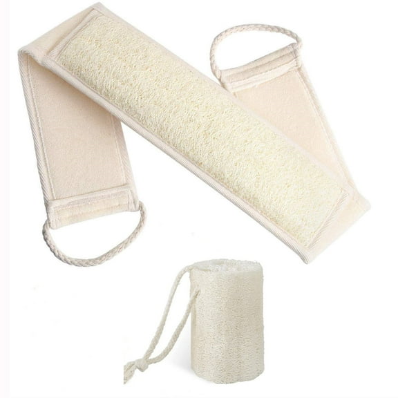 Natural Loofah Exfoliating Back Scrubber for Shower Set - Durable Double Side Scrubbing Strap With Long Handle for Men & Women - Bath Sponge for Acne, Eczema & Dead Cells (2 Pcs)