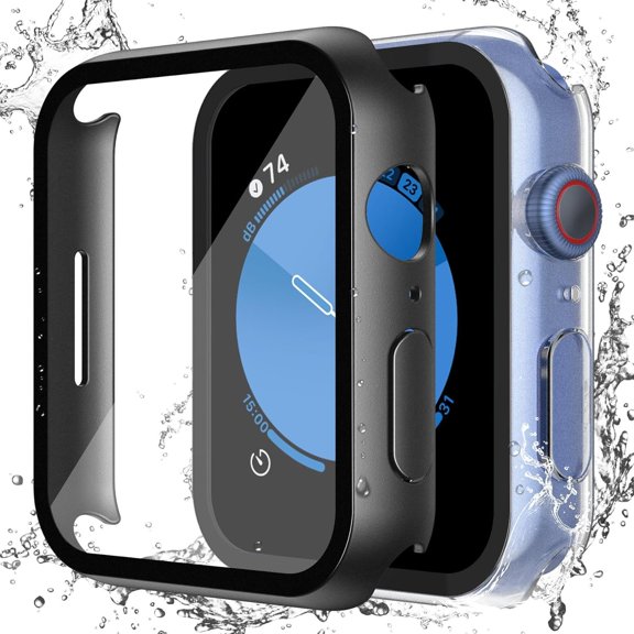 KOMI [2 Pack] Waterproof Black Hard Case with Tempered Glass Compatible with Apple Watch Series 6 SE Series 5 Series 4 44mm, Ultra-Thin Durable Protective Cover for iWatch Screen Protector