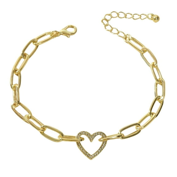 18K Gold Paper Clip Heart Bracelet with Crystals, Gold over Stainless Steel