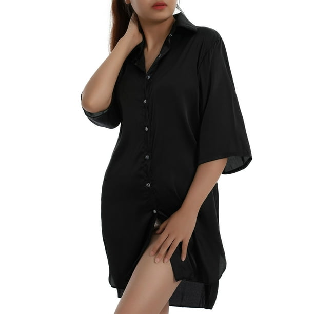 Opperiaya Women's Nightgown Button Down Sleepshirt Satin 3/4 Sleeve  Nightshirt Boyfriend Notch Collar Sleepwear