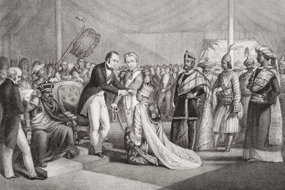Grand Durbar At Cawnpore After The Suppression Of The Sepoy Revolt Lord Canning Investing The Loyal Rajahs With Decorations And Proprietary Rights Engraved By H Bourne After Marshall Caxton From The B