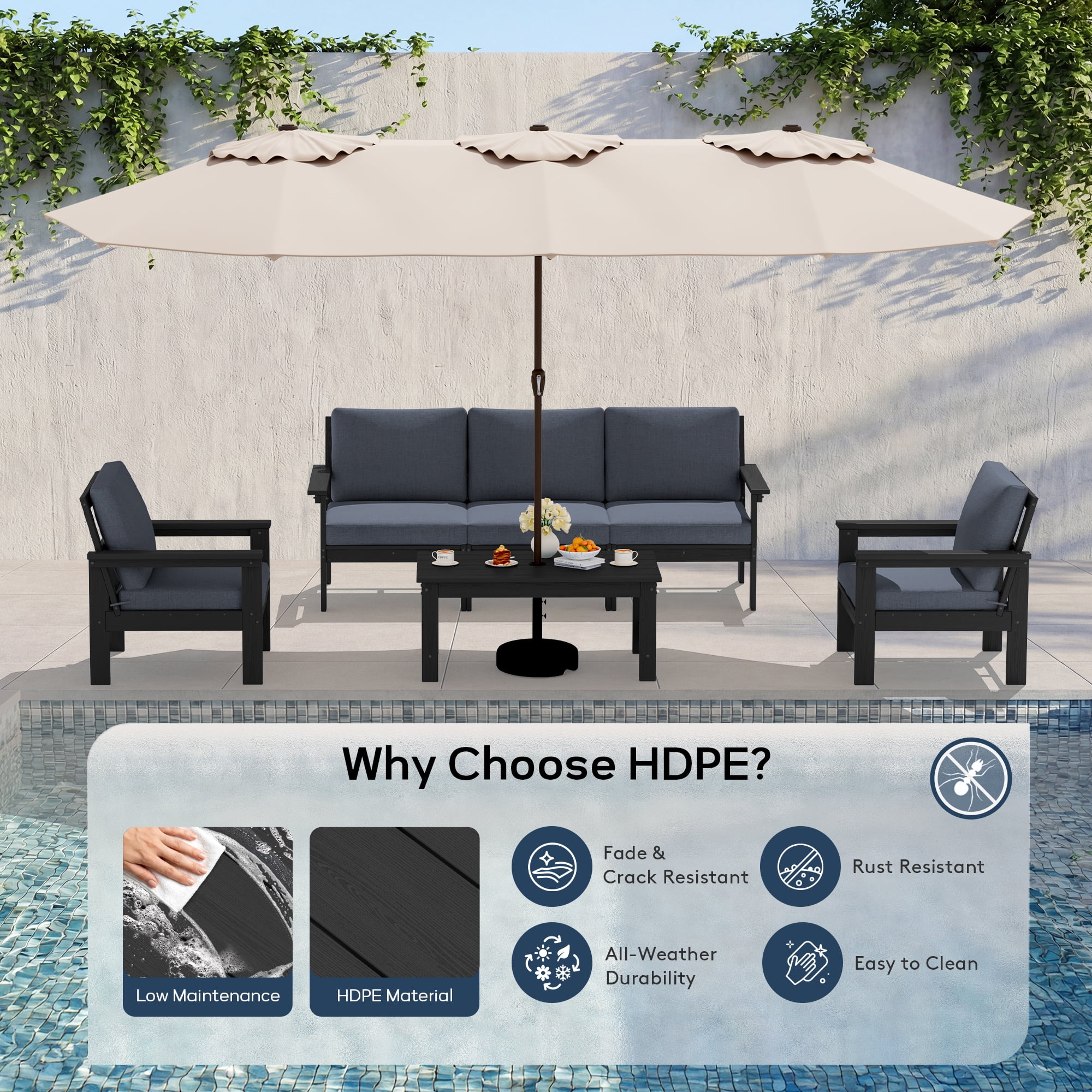 SERWALL Outdoor Patio Furniture Set, 6-Piece HDPE Outdoor Sofa Set Patio Conversation Set, Black Frame with Grey Cushions