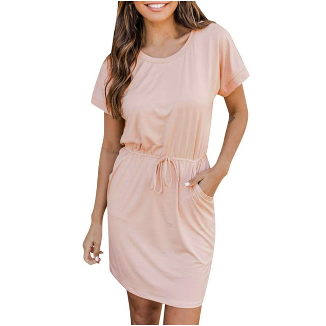 EQWLJWE Longue Robe pour Femmes Mode Décontractée Pull Col Rond Couleur Unie Manches Courtes à Lacets