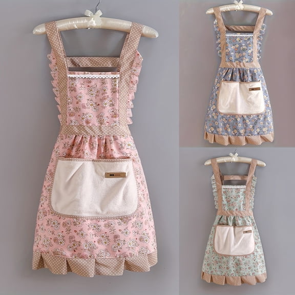 Kitchen Apron, Adjustable Strap, Cotton Cloth, Ruffle Trim, Floral Print, Lace Detail, Terry Cloth Pocket, 32X27 In, Blue Caramel, 1 Pc, Home, Kitchen Baking Cooking