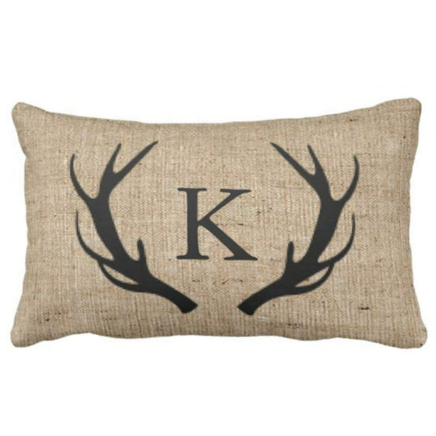 Rylablue Rustic Deer Antler With Monogram Faux Burlap Pillowcase Throw Pillow Cover 20x30 Inches