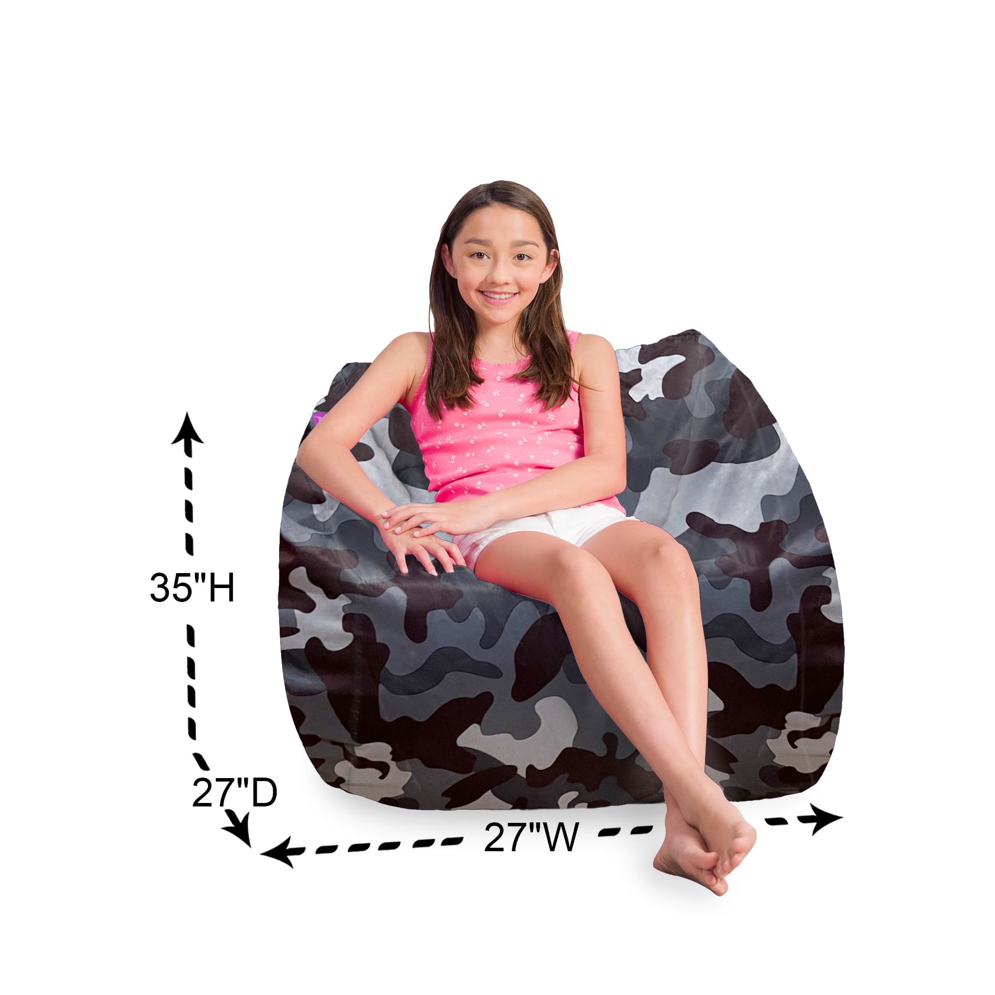 Posh Creations Structured Comfy Bean Bag Chair, Coronado Chair, Nylon - Camo Dark and Black Gray
