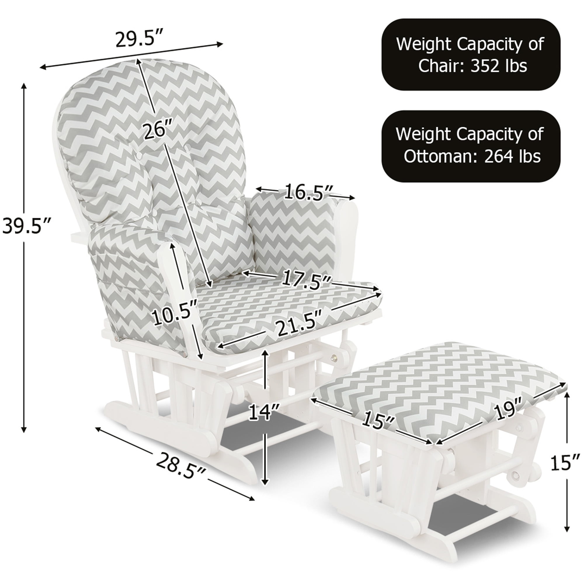 Gymax Glider and Ottoman Cushion Set Wood Baby Nursery Rocking Chair Grey White
