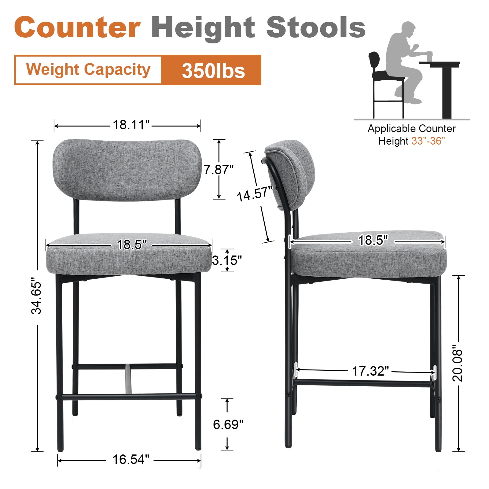 Hommpa Bar Stools Chairs Set of 2, 24" Gray Fabric Kitchen Counter Stools with Curved Back and Footrest, Fabric Counter Height Bar Chair for Kitchen Island